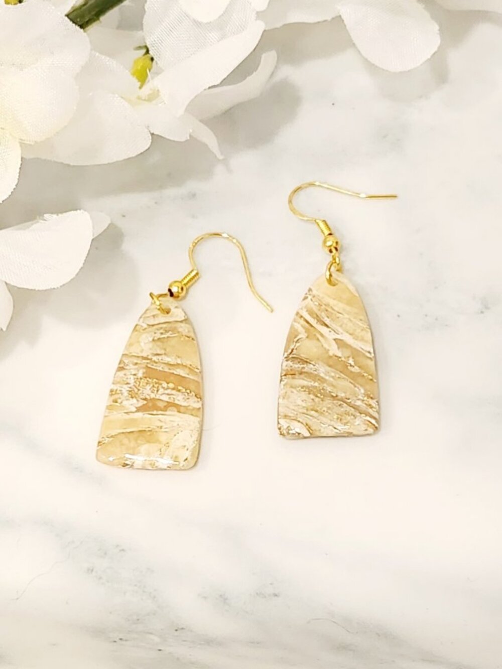 Handmade Beige Marble Trapezoid Earrings ~ Resin & Polymer Clay